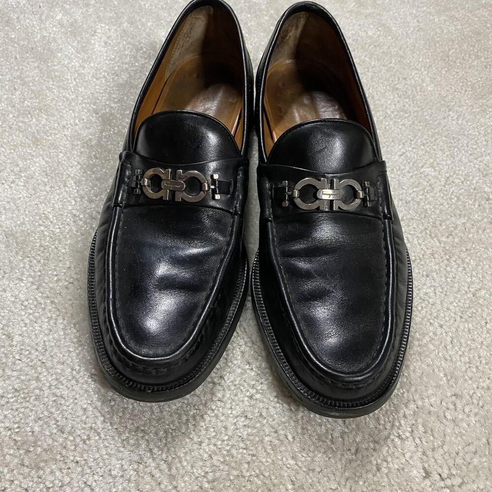 Salvatore Ferragamo Shoes Mens 11.5B Black Leather Gancini Loafers Lug Sole